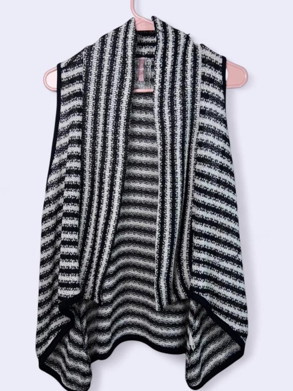 Mauve Black & White Striped Open Front Knit Sweater Vest Cardigan Size Large